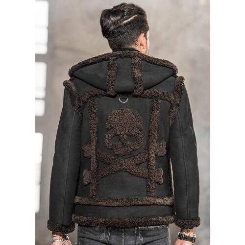 2019 New Mens Black B3 Shearling Jacket Skull Short Fur Coat Hooded Leather Jacket Detachable Sleeves Mens Winter Coats