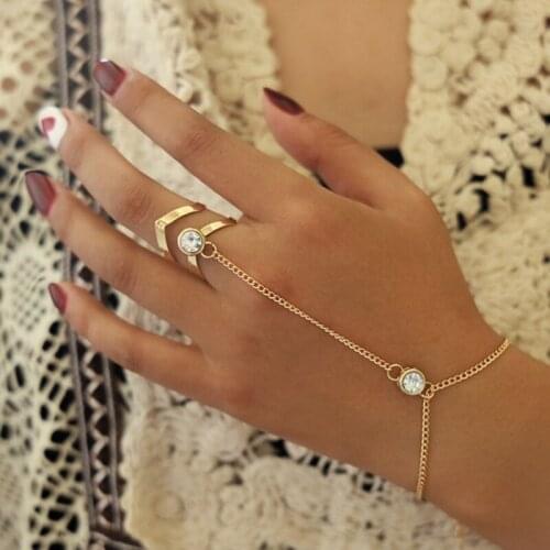 New Gold Big Crystal Ring Bracelet for Women Wrist Chain Jewelry Fashion Hand Back Chain Bangles Female Arm Link Ornaments