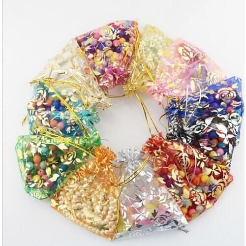 Wholesale 100pcs/lot 7x9 9x12 13x18cm Mixed Color Bronzing Rose Organza Bags Jewelry Packaging Bags Wedding Favor Gift Candy Pou