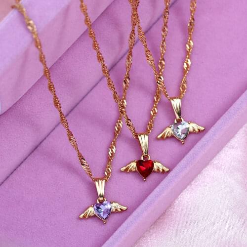 2020 New Design Multicolor Heart Crystal Pendant Necklace for Women Girls Cute Wing Metal Necklace Fashion Jewelry Party Gift