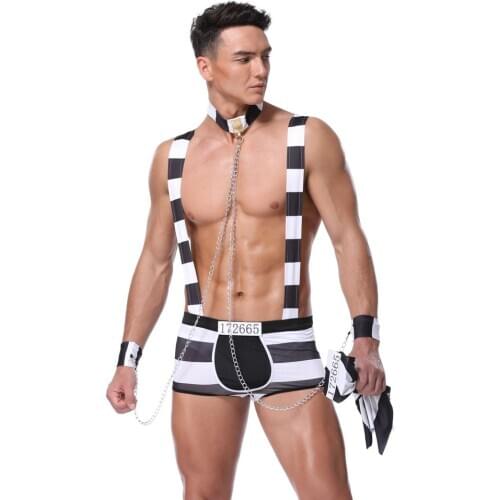 Sexy New Arrival Convict Criminal Zombie Black White Stripe Prisoner Costume Halloween Costume For Men Party Cosplay
