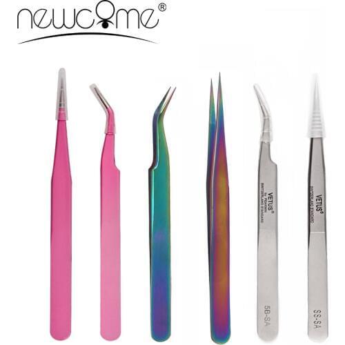 NEWCOME 100% Stainless Tweezers for Eyelash Extensions Curved with Straight Steel Anti-Static False Individual Lash Tweezers