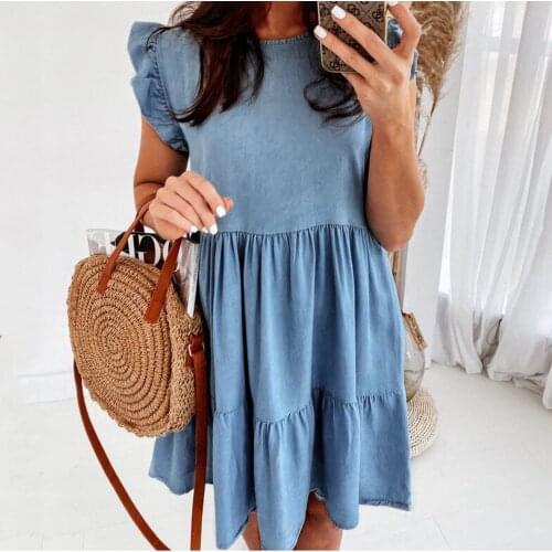 40# Ruffles Dress Women Elegant Casual Denim Leaf Sleeve Casual Loose Sexy Vest Cowboy Leisure Ruched Mini Dresses Платье Летнее