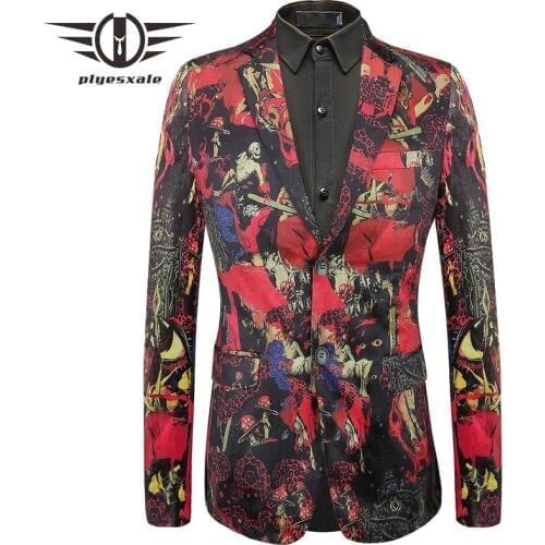 Plyesxale Brand 2018 Unique Skull Printed Blazer Men High Quality Casual Male Blazer Red Mens Stage Wear Fancy Jacket Q431