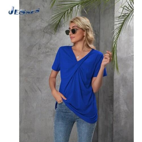 Casual Pullover Female Summer T Shirt Clothes Solid Neckline Twist Tees Short Sleeve Pure Color Top Women Basic Oversize T-Shirt
