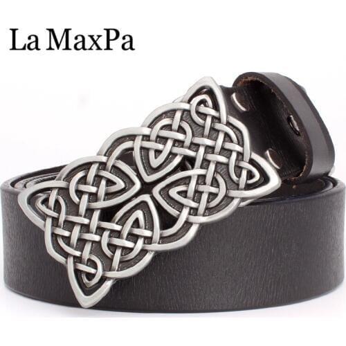 La MaxPa fashion womens belt genuine leather cowskin lady belt Celtic knot pattern silver buckle Woven knot belt for women