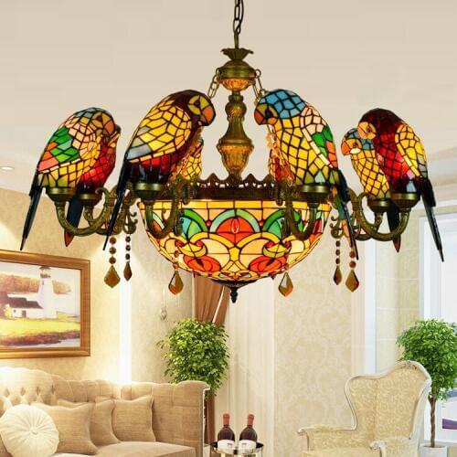 European style luxury bar crystal pendant American Tiffany art glass bird retro pendant lamp