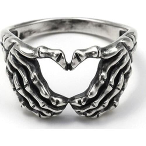 Silver Plated Hand with Heart Rings for Men Punk Gothic Creative Skeleton Couple Ring Women Hip Hop Band Jewelry Charm Gift 2021