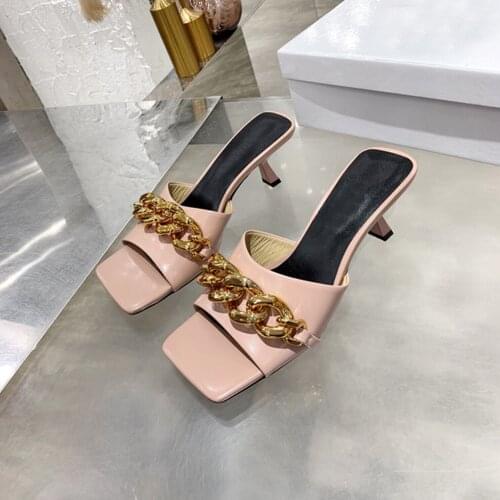 Summer Peep Toe Stiletto High Heels Sandals Slippers for Women Fashion Metal Chain Sexy Slip on Pumps Woman Footwear Mule Slides