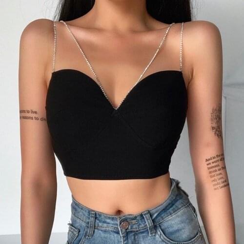 Musuos Sexy Ladies Summer Club Tops Solid Sling Crystal Sleeveless V Neck Bustier Crop Top Women Backless Zipper Vest Camisoles