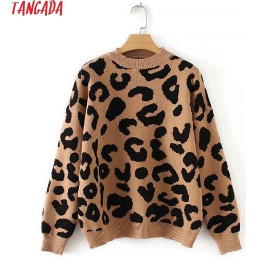 Tangada women leopard knitted sweater winter animal print winter thick long sleeve female pullovers casual tops 2X05
