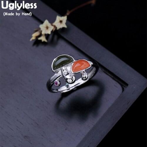 Uglyless 100% Real 925 Sterling Silver Handmade Mushroom Rings for Women Open Finger Ring Adjustable Jade Fine Jewelry Agate