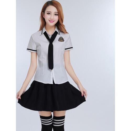 Japanese and Korean Summer Girls Student College School Uniforms For Women White Shirt + Black Skirt + Bow Suit 3 Pcs / Set