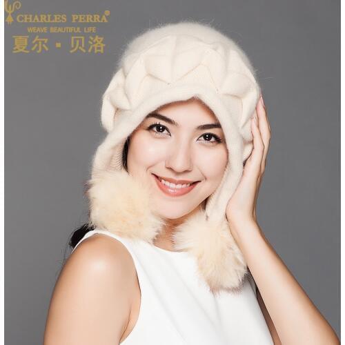 Charles Perra Women Knitted Hats With Pom Pom Winter Thicken Double Layer Elegant Casual Womens Hat Female Beanies D306
