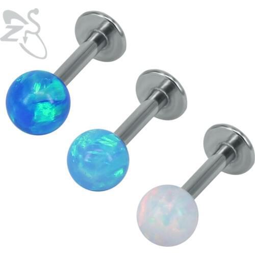 Fire Opal Stone Round Ball Ear Studs Earrings Barbell Stainless Steel 3 Colors Labret Lip Women Female Men Earrings Jewelry