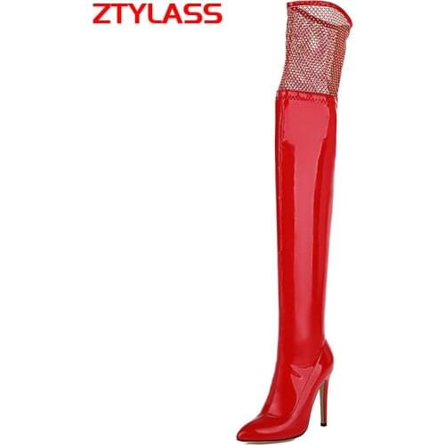 2021 Crystal Mesh Women Boots Pu Leather Super High Heel Over The Knee Boots Slip On Autumn Winter Long Boots Size 34-45