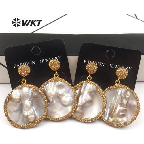 RE075 WKT Pearl earrings for lady girl round shape pear with rhinestone paved around in gold color 2019 new designer boho style