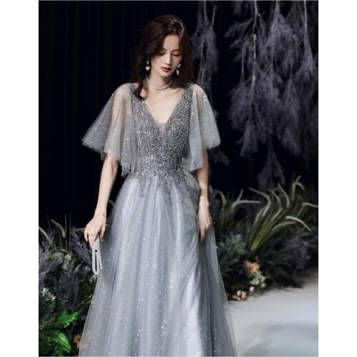 CloverBridal In Stock Cheap Short Sleeves Grey 2021 Summer Prom Party Dresses Floor Length 7th Students Graduation Dress DH9478