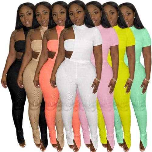 3pcs/set Sexy Knitted Club Outfit Women Wrap Tube Top + One Shoulder Short Sleeve Turtleneck Bodysuit Top + Long Skinny Pants