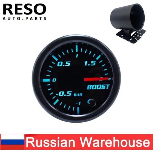 RESO--2" 52mm Turbo Boost Gauge LED -1-2 BAR Vacuum Pressure Meter Tinted 7 Color Black Face