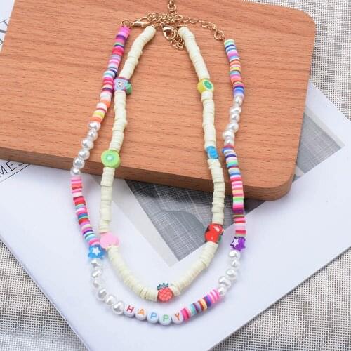 Bohemian Colorful Letter Happy Handmade Polymer Clay Soft Pottery Simulated Pearl Choker Necklace For Women Beach Jewelry Gifts