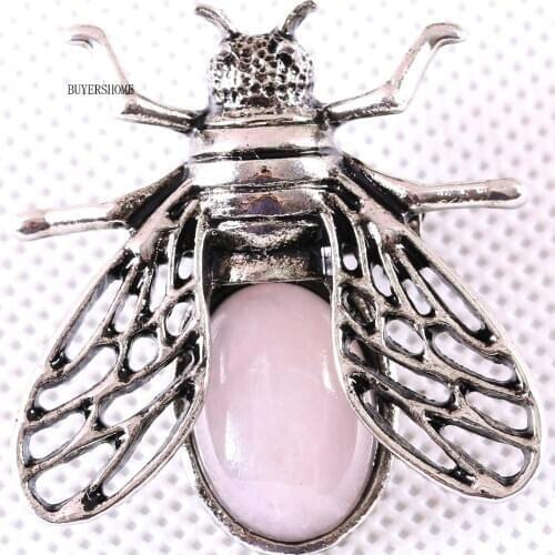37x37MM Cicada Brooch Natural Stone Pink Crystal Bead Pendant For Men Women Jewelry Gift 1Pcs K634