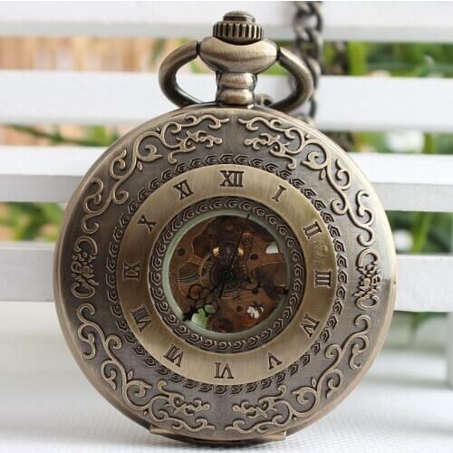 Steampunk Skeleton Bronze Mechanical Pocket Watch Men Vintage Clock Necklace Pocket Watches With Chain Relogio De Bolso TJX043