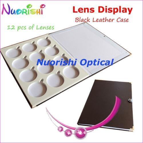 Black Leather Optical Lens Display Case Sample Box Tray Holding 12 pcs of Lenses Size Diameter 75mm free shipping D009-12