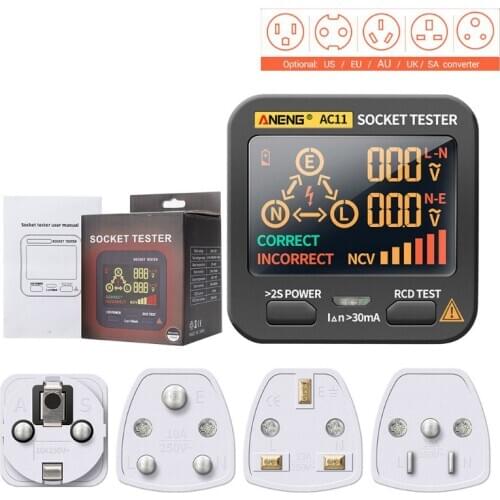 Digital Smart Socket Tester Voltage Test Socket Detector US/UK/EU/AU Plug Ground Zero Line Phase Check Rcd NCV test AC11