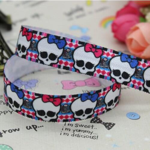 DHK 5/8 inch 5yards Fold Over Elastic FOE monster high skull printed ribbon headband diy decoration OEM Wholesale C240