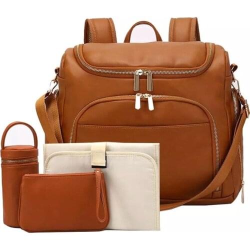 PU Leather Baby Nappy Diaper Bag Backpack+Changing Pad+Stroller Straps+Insulation bag+Cosmetic bag