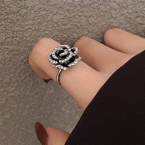 Black Rose Flower Crystal Rings for Women Vintage Silver Female Party Jewelry Enamel Glaze кольца Camellia Index Finger Ring