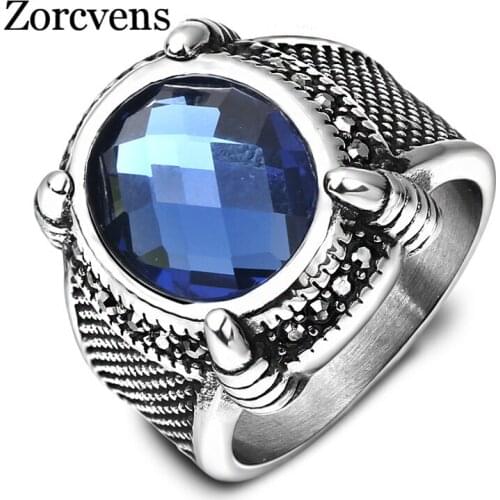 Modyle Punk Cool Mens Rings Stainless Steel Statement Ring with Claw Blue Stone Crystal Wedding Band Fashion Jewelry