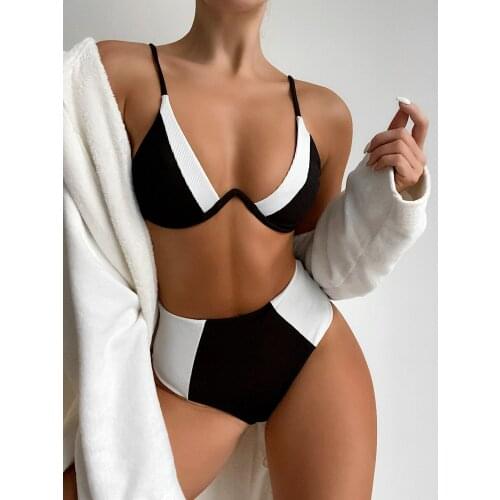 Sexy High Waist Bikini 2021 Women Black White Patchwork Push Up Underwire Swimsuit High Cut Bathing Suit Swimwear Biquini