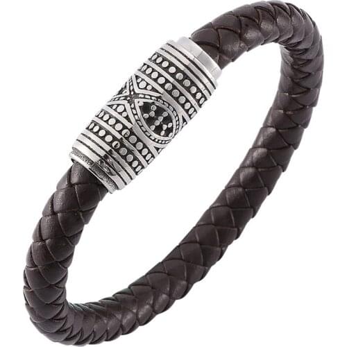 Hot Fashion Brown Braided Leather Bracelet Punk Jewelry Men Retro Bracelets Stainless Steel Magnetic Clasp Male Wristband PD0149