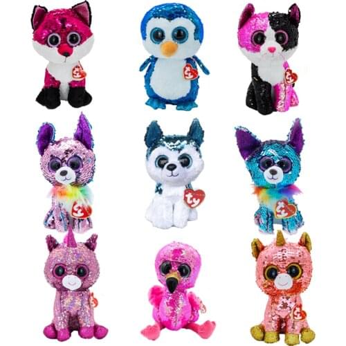 Ty Big Eyes Beanie Sequins Penguin unicorn fox cat sloth flamingo chihuahua zebra Soft Plush Animal Doll Toy Child Birthday Gift