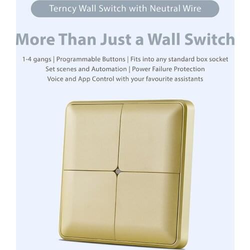 Terncy Wall Switch with Neutral Wire - 1 to 4 Gangs, Gold (Home kit, Google Home, Alexa)
