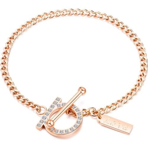 Simple Stainless Steel inlay CZ woman Bracelet Bangle rose gold/steel Link Chain Cuff Jewelry Valentines Day Gift