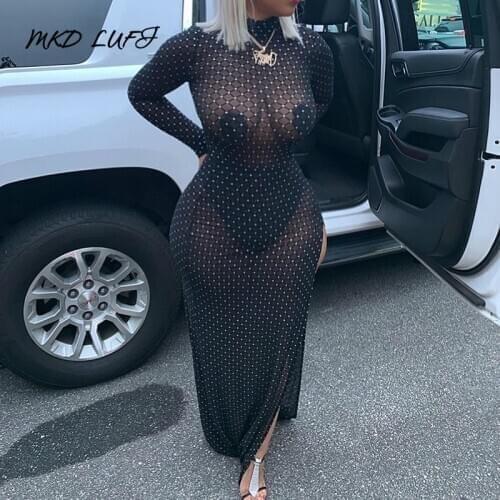 Sexy Glitter See Through Mesh Slit Maxi Party Dress Women Long Sleeve High Neck Sheath Night Club Dress