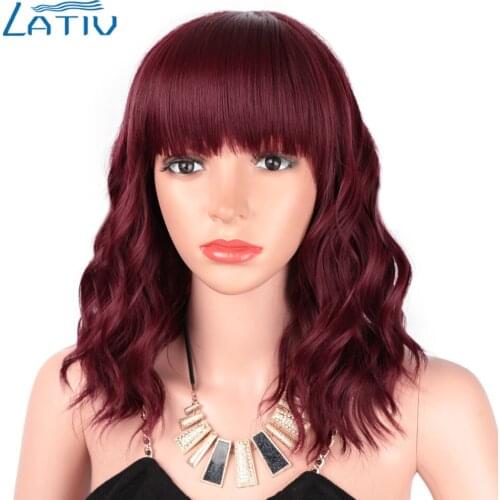 Lativ Synthetic Pink Short Bob Wavy Wig with Bangs Shoulder Length Black ang Red Wigs For Women Heat Resistant