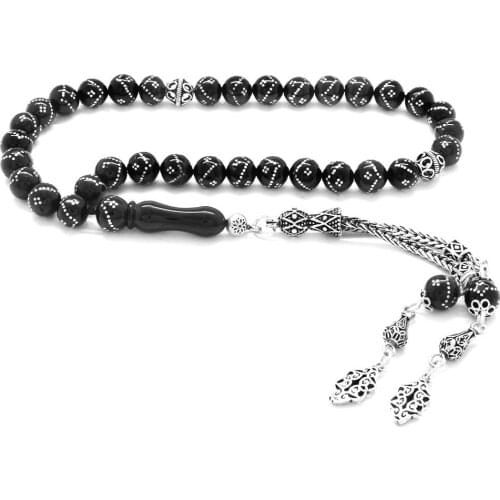 Tesbihane 925 Sterling Silver Tassels Silver Engraved Sphere Cut Erzurum Oltu stone Rosary