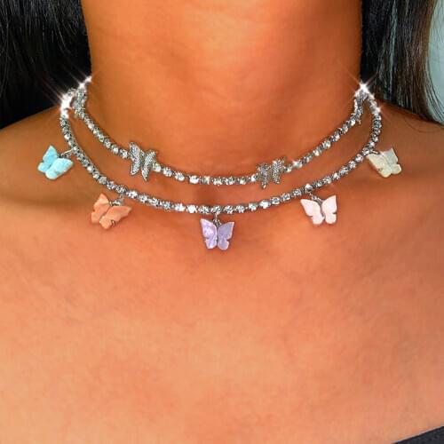 Trendy New Multicolor Butterfly Pendant Necklace for Women Bling Crystal Chain Choker Necklace Female Wedding Jewelry Party Gift
