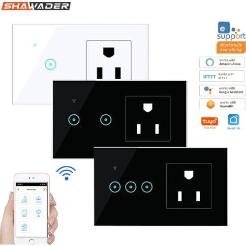 Wifi Smart Light Switch Wireless Wall Sockets Glass Crystal Touch Panel US Electrical Plug Outlets Romote with Alexa Google Home