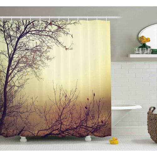 Nature Shower Curtain Vintage Leafless Autumn Tree Branches in Saturated Tones Ecology Art Wall Decoration Hanging Curtains