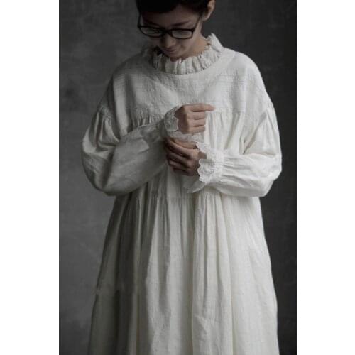 Pure hemp long sleeve dress womens 2021 spring dress new petal collar large pleated medium length dress Robe