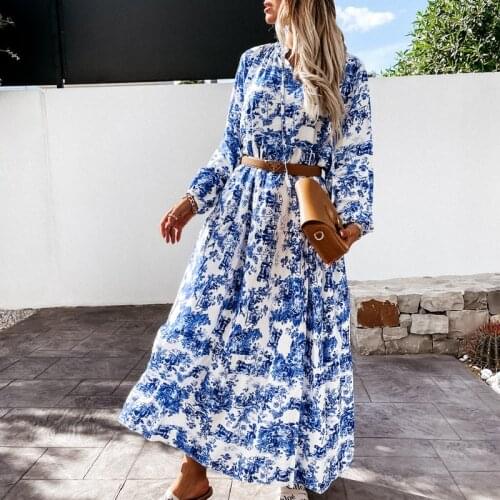 2021 Autumn Winter Long Sleeve Dress For Women Good Quality V-Neck Floral Print Loose Boho Dress Vintage Elegant Dresses
