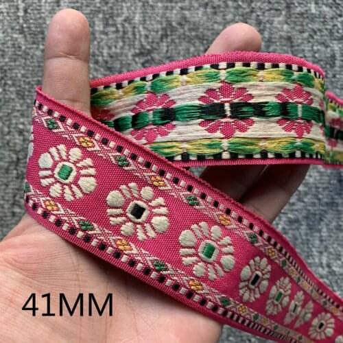 3 YARD 41MM Golden Flower Pink Base Embroidered Ribbon National Lace