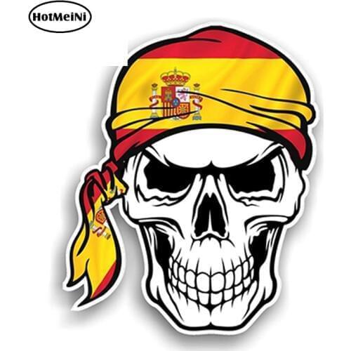 HotMeiNi 13cm x 10.7cm GOTHIC BIKER Pirate SKULL HEAD BANDANA & Spain Spanish Country Flag Vinyl Car Sticker