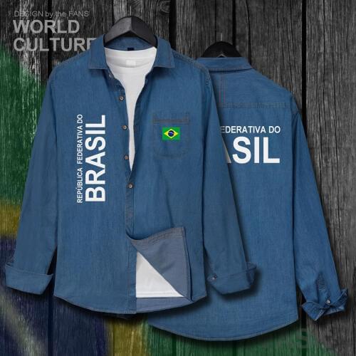 Brazil Brasil BRA Brazilian BR Men clothes Autumn Cotton Turn-down Collar Jeans Shirt Long Sleeve fashion Tops Cowboy Coat Flags