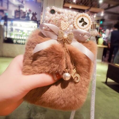 Rabbit Hairy Warm Fur Bling Rhinestone Plush pearl Cover Case For Huawei Honor 8 9 10 20 Lite V10 V20 V30 7X 8X 9X Nova 3 4 5 6